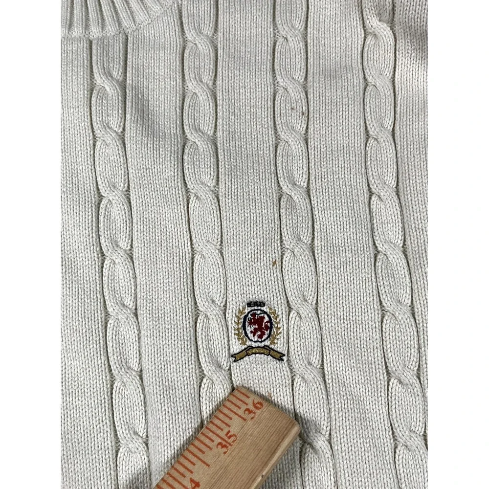 Y2K Vintage Tommy Hilfiger XL White Cable Knit Cotton‎ Ribbed Hem Winter Wear